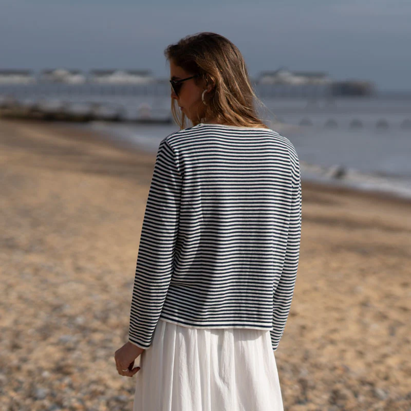 COLLEN & CLARE Easton Cotton Loose Stripe Knit in White/Navy - Image 3
