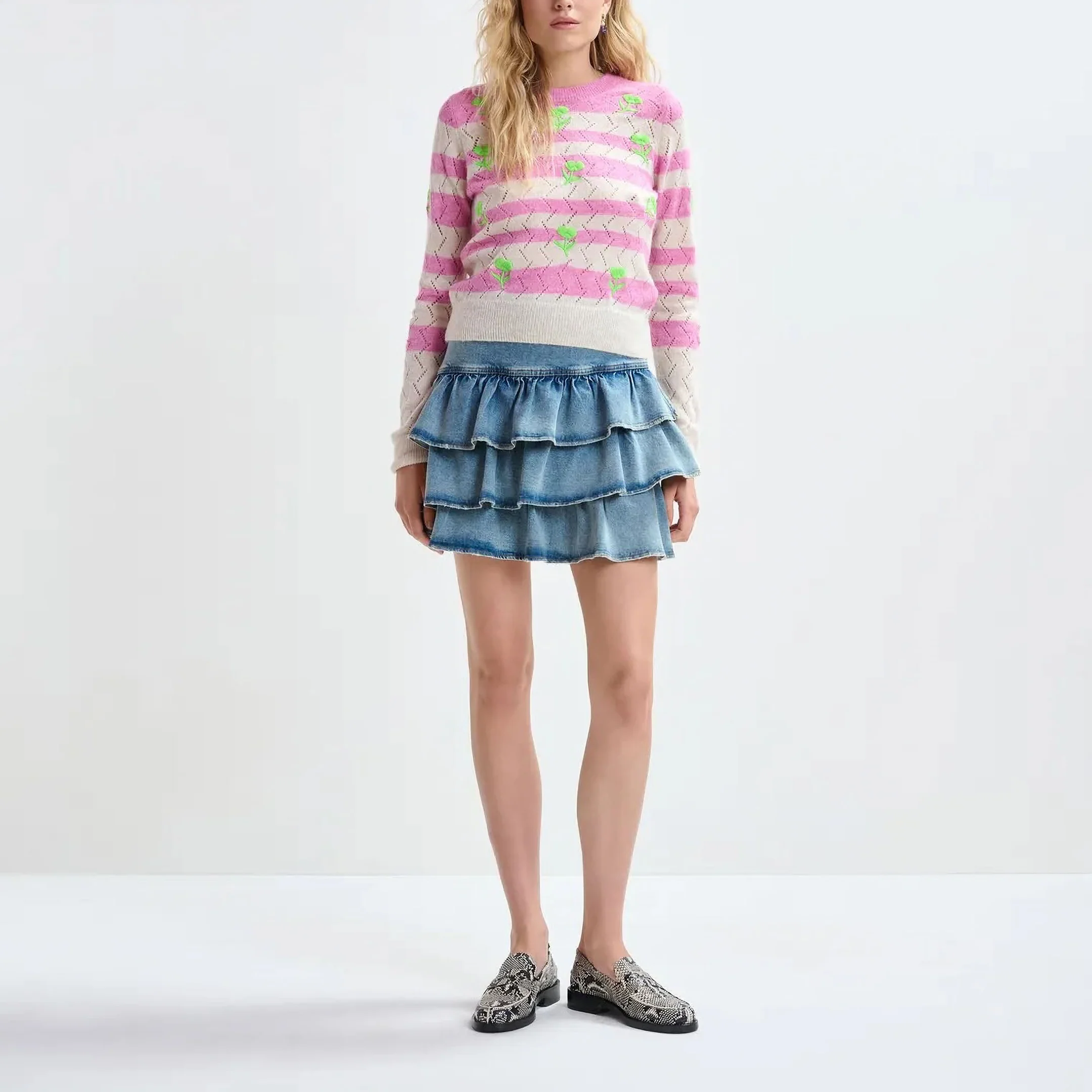 ESSENTIEL ANTWERP Ja Ruffled Denim Mini Skirt in Bright Sky - Image 6