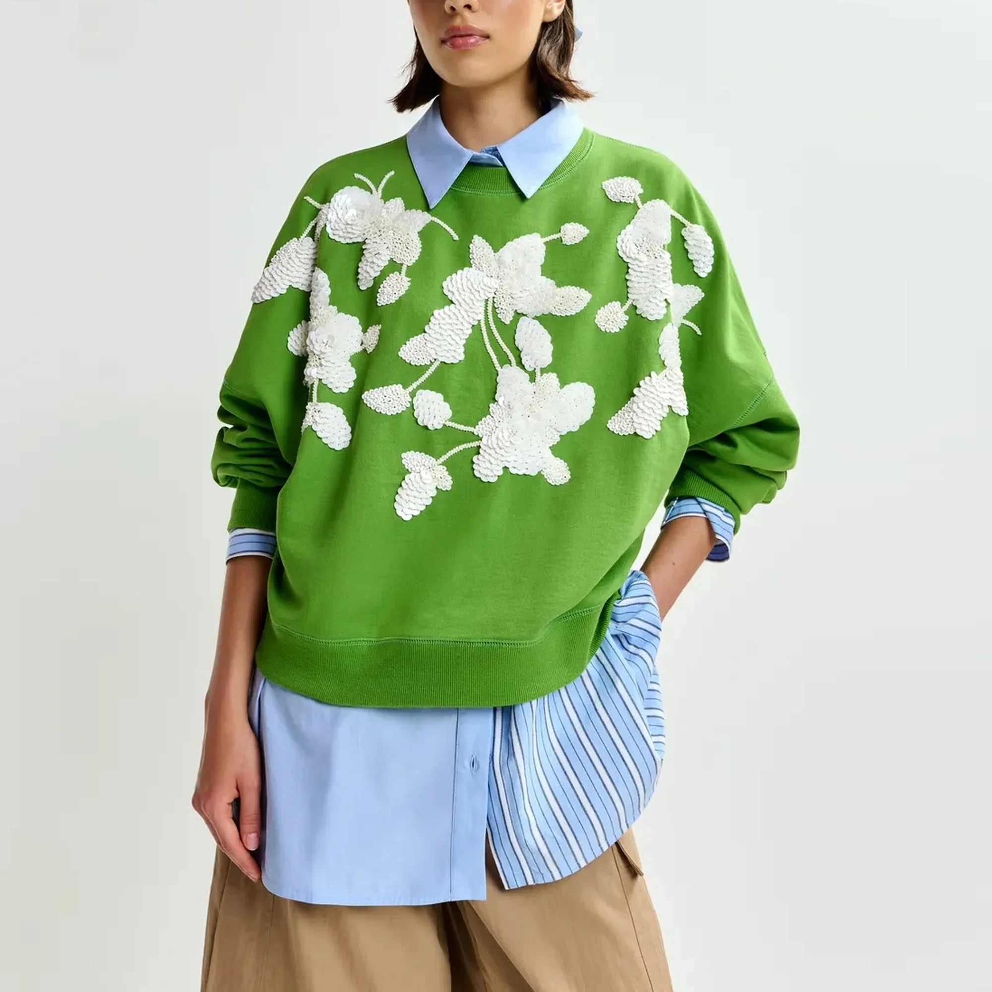 ESSENTIEL ANTWERP Jaga Embroidered Sweatshirt in Spirulina/Green - Image 2