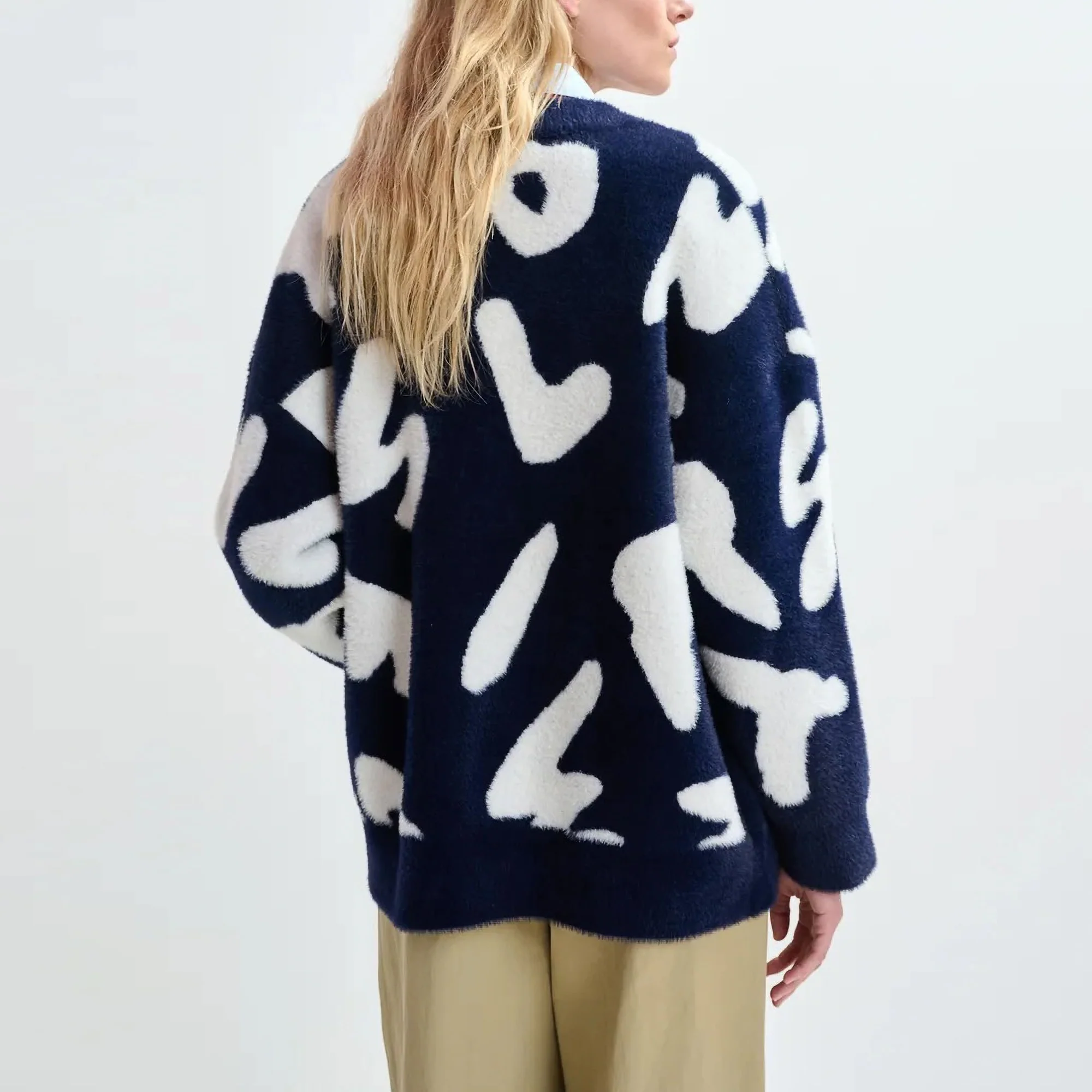 ESSENTIEL ANTWERP Jarden Letters Knit Cardigan in Dark Night - Image 4