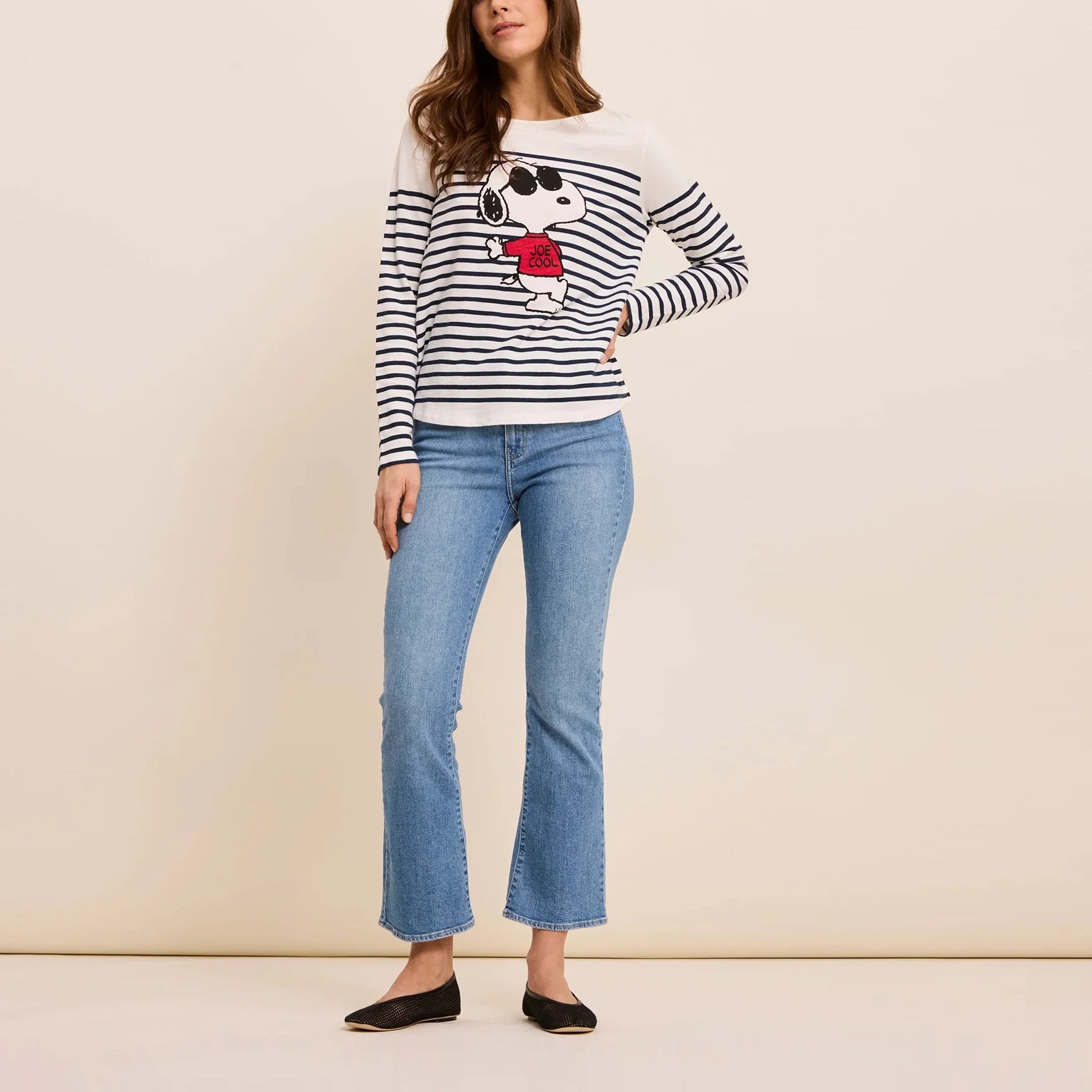 FIVE Snoopy Stripe Long Sleeve T Shirt in Off White/Indigo - Image 6