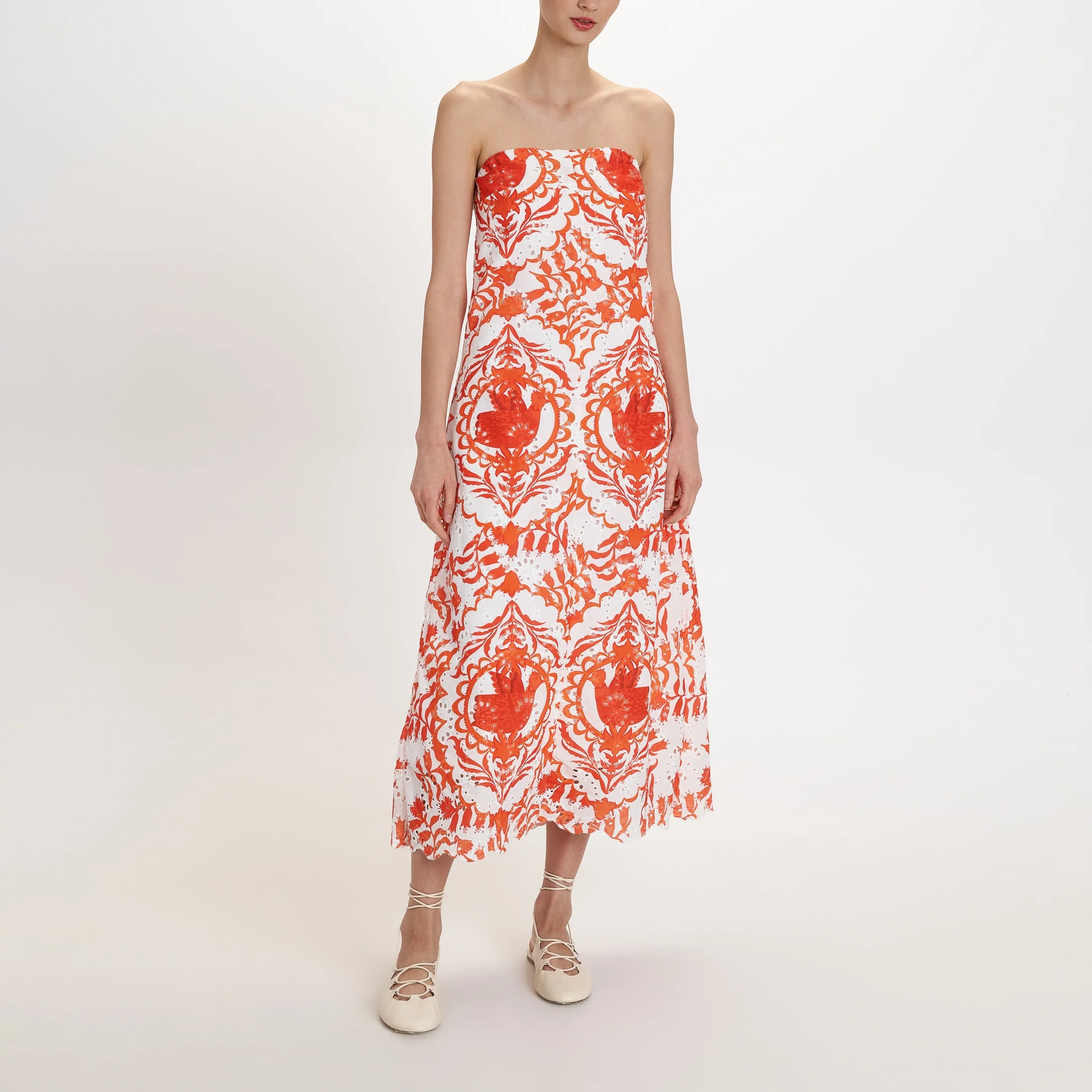 PEARL & CAVIAR Portaria Broderie Midi Dress in Coral - Image 2