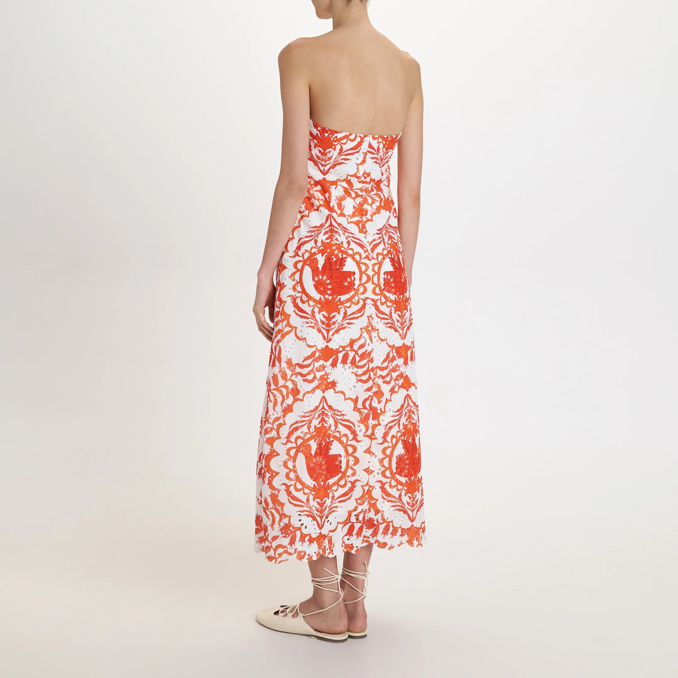 PEARL & CAVIAR Portaria Broderie Midi Dress in Coral - Image 4
