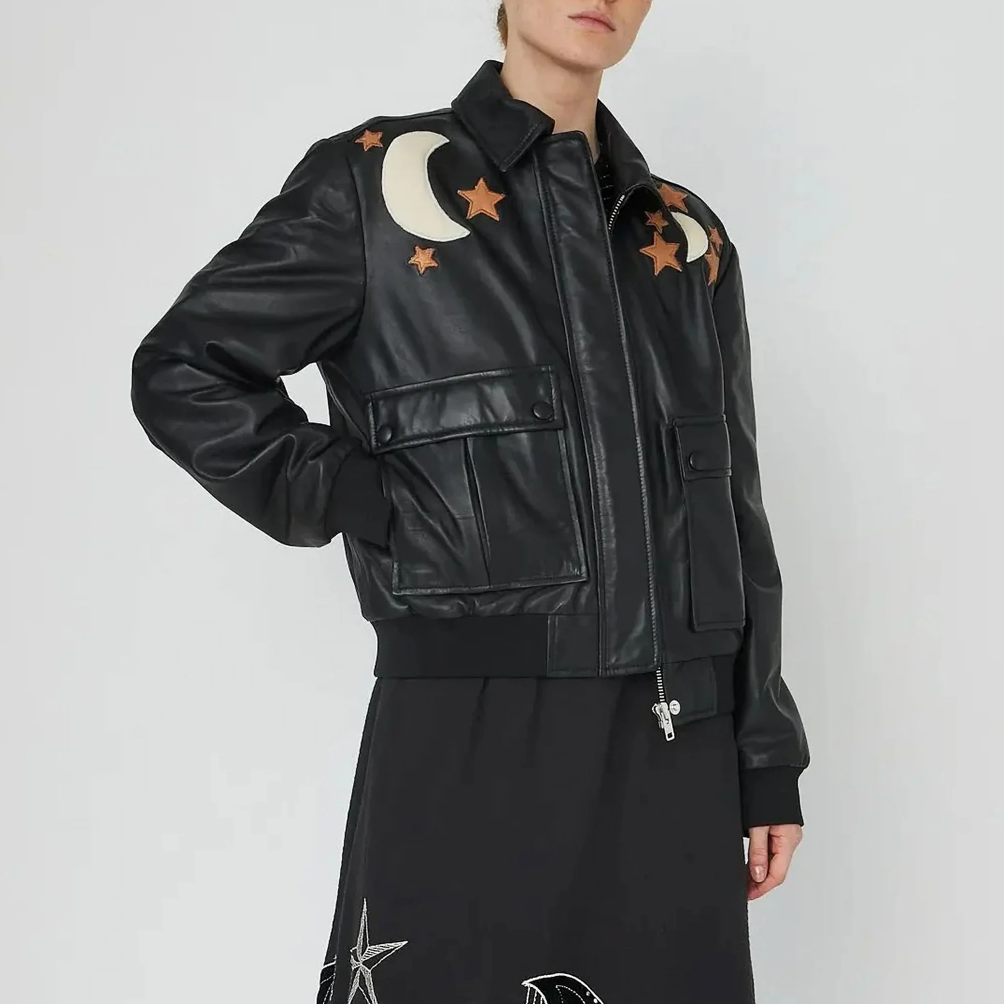 STELLA NOVA Starlight Leather Bomber Jacket in Black