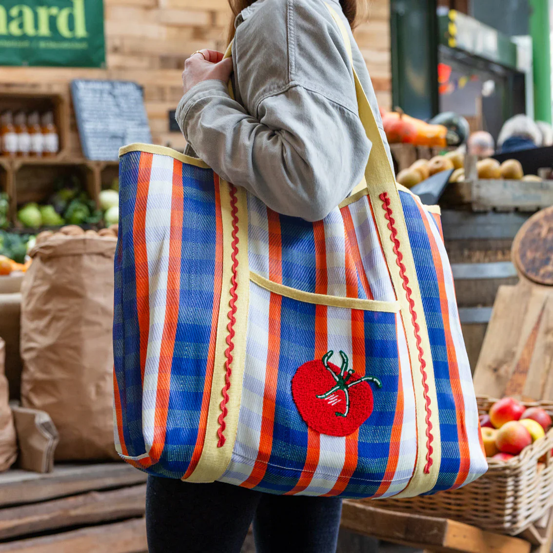 TALKING TABLES Tomato Tote Bag in Blue/Yellow - Image 6