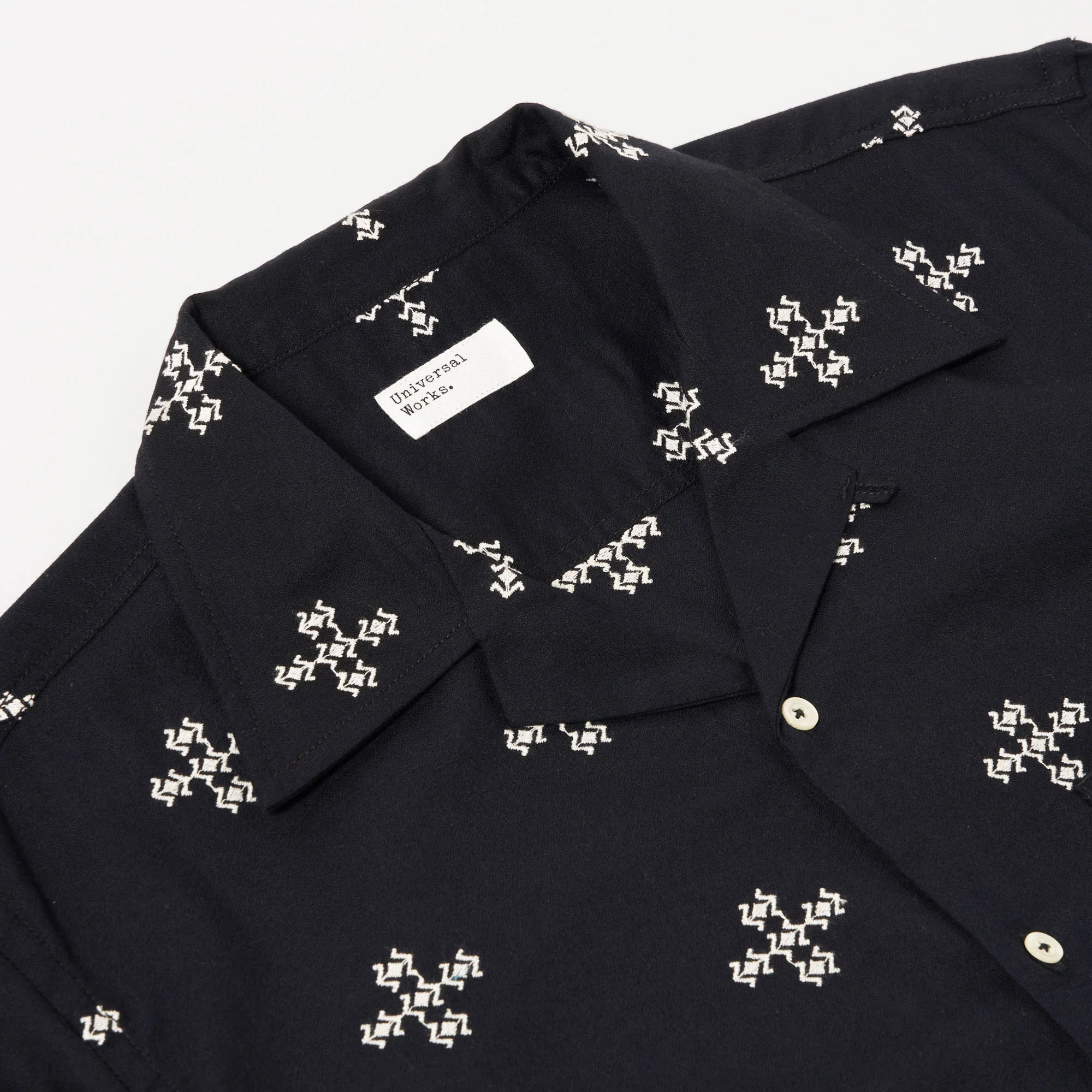 UNIVERSAL WORKS Camp Embroidered Diamond Shirt in Black - Image 5